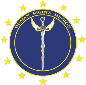 Логотип Фонду IMVRRA — кадуцей з крилами, земна куля, 12 зірок